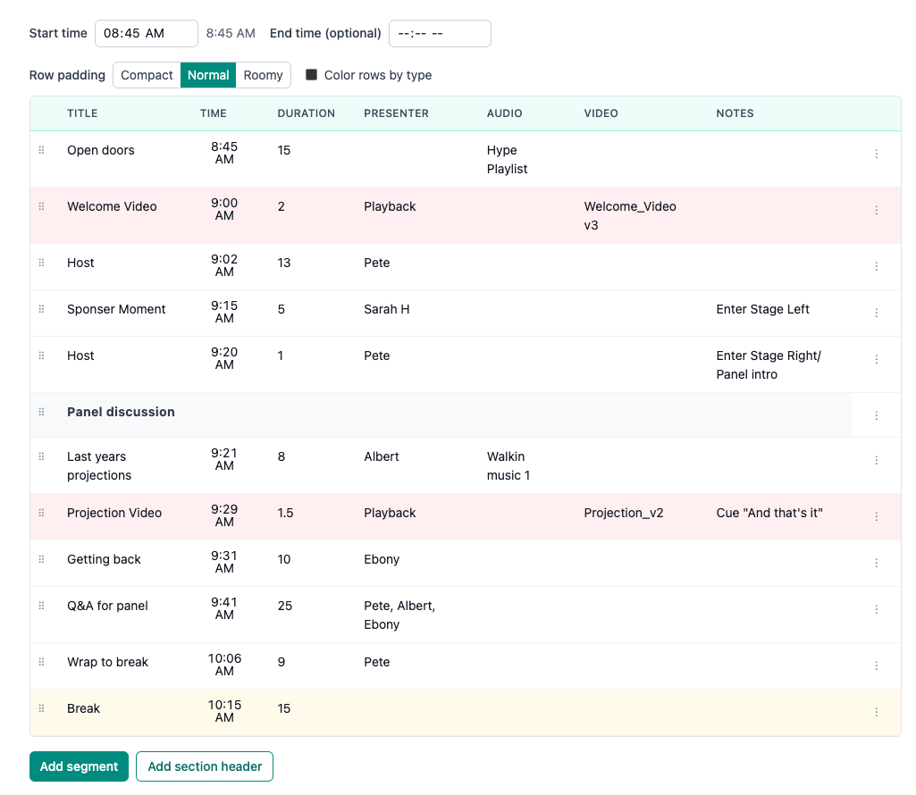 Run of Show cue sheet, showing segments, durations and cascading clock times